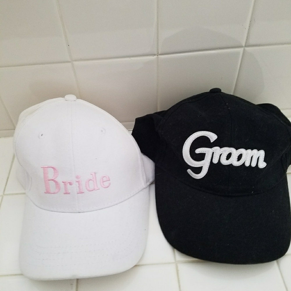 Bride and groom baseball hats